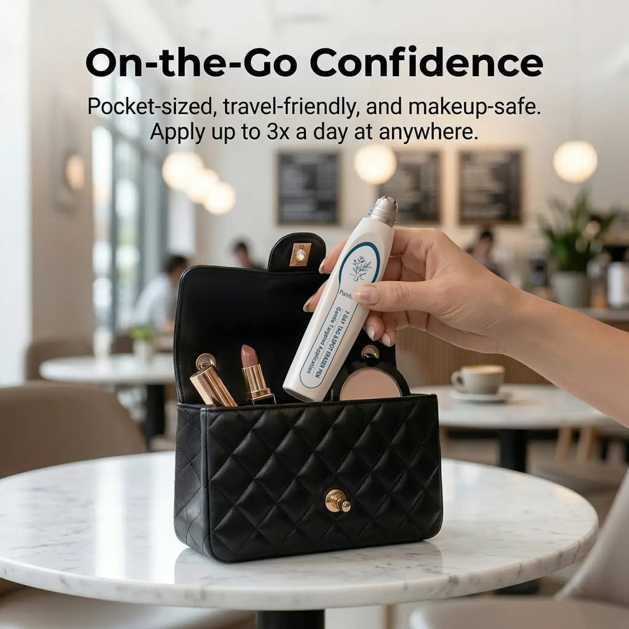 Portable rollerball pen in makeup bag