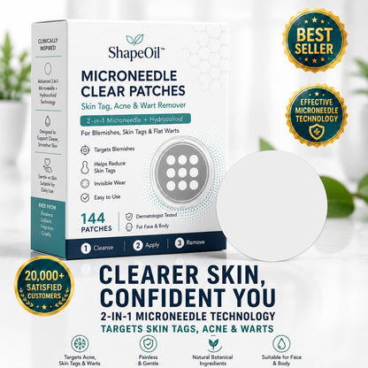 ✨ShapeOil®2-in-1 Microneedle & Hydrocolloid Patch🍀| Removes Raised Moles, Acne, Flat Warts & Skin Tags | Helps Improve Wrinkles, Scars & Blemishes | Invisible Patches for Face & Body
